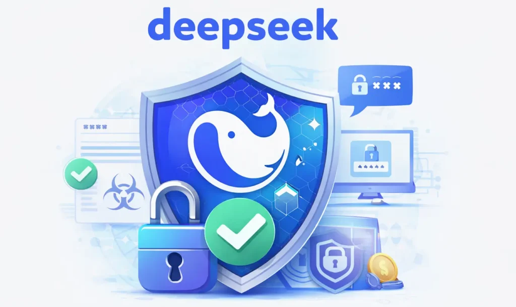 DeepSeek app security illustration showing data protection, encryption, privacy safety, and secure AI platform