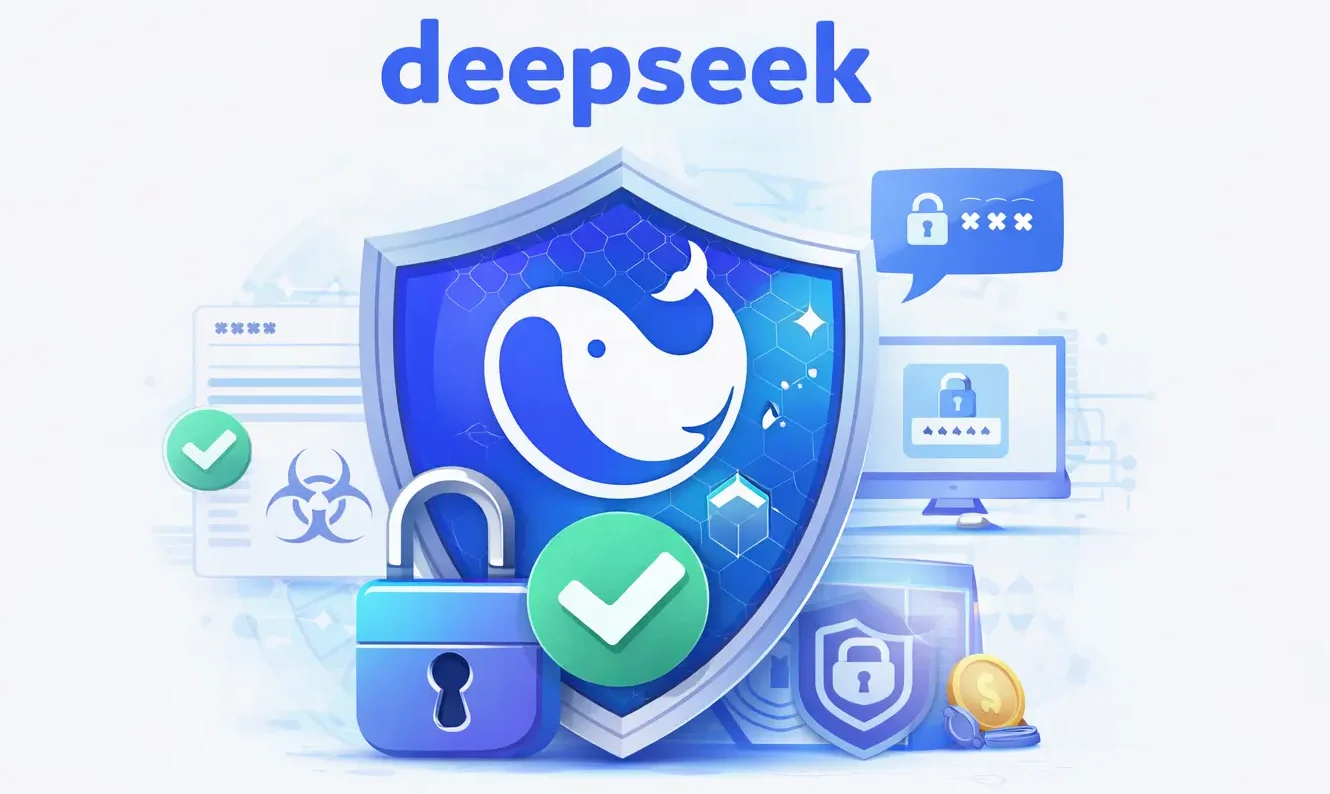 DeepSeek app security illustration showing data protection, encryption, privacy safety, and secure AI platform