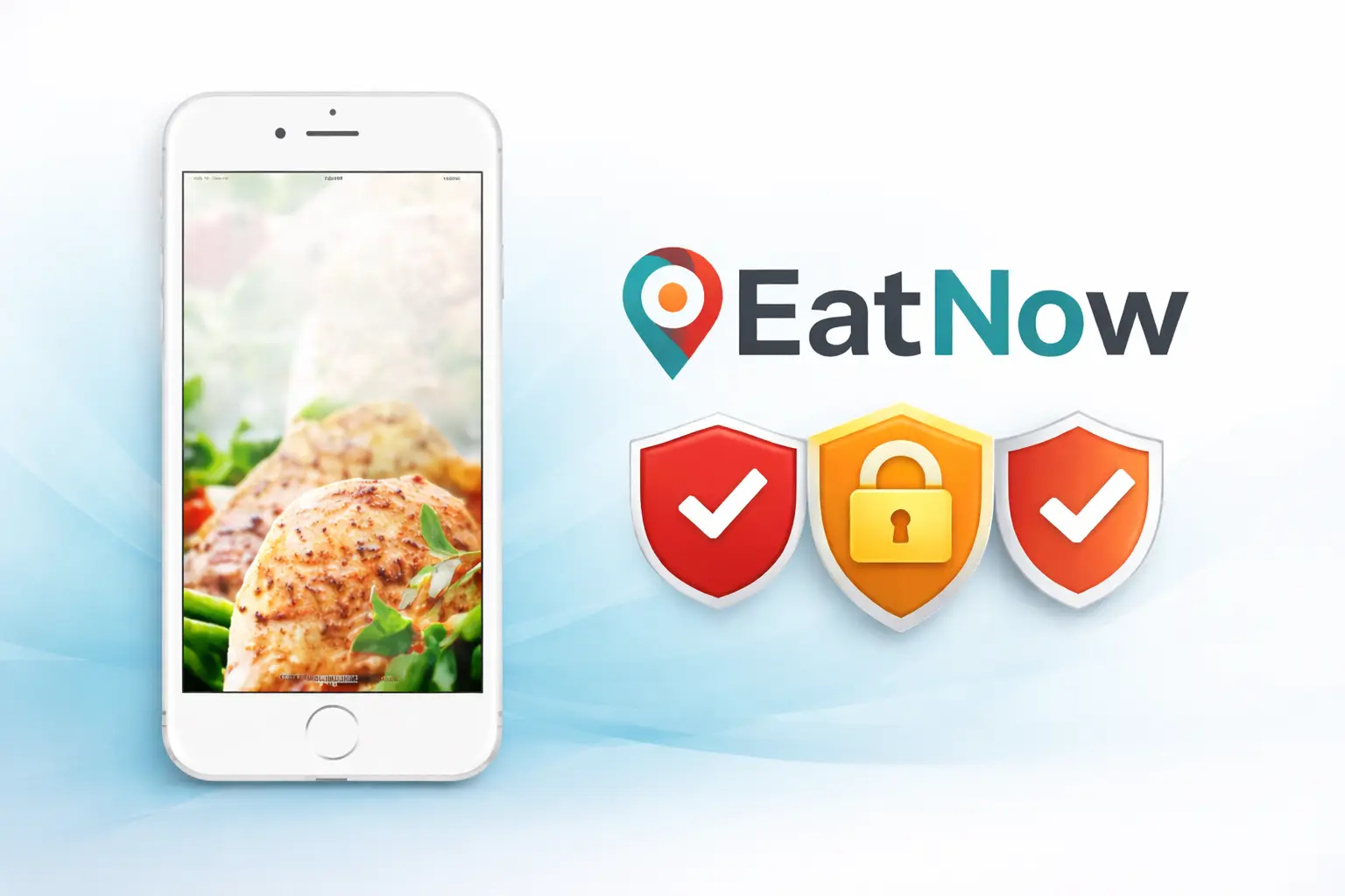 EatNow white-label food delivery app interface with security shield icons representing encryption and data protection