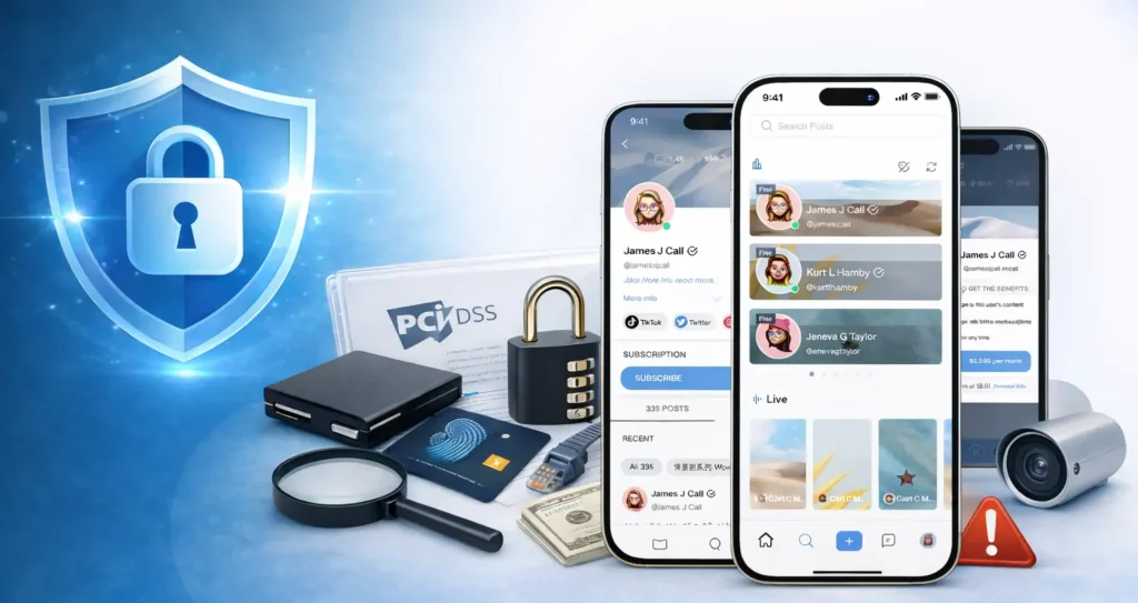 White-label LoyalFans app security image showing shield protection, PCI DSS compliance, secure payment system and mobile app interface