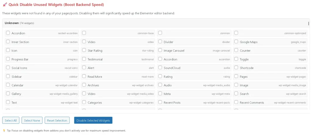 Elementor disable widgets list showing unused widgets marked in red inside the WordPress dashboard.