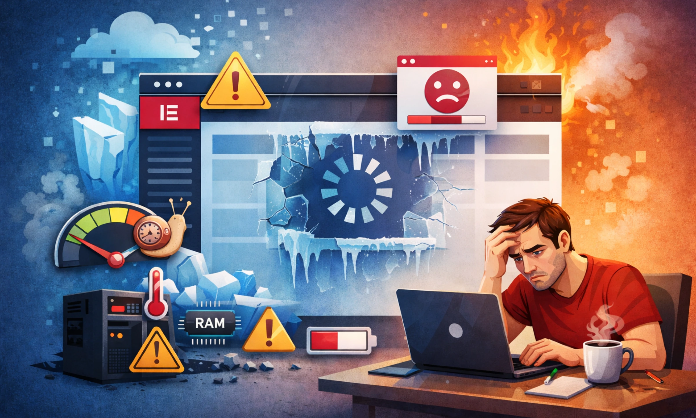 Illustration of Elementor editor freezing due to heavy page load, lag, and memory issues in WordPress admin Elementor Heavy Pages