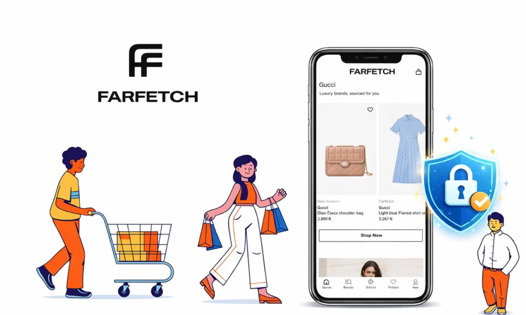 Illustration of a secure white-label Farfetch app showing luxury shopping interface with security shield icon and encrypted payment protection