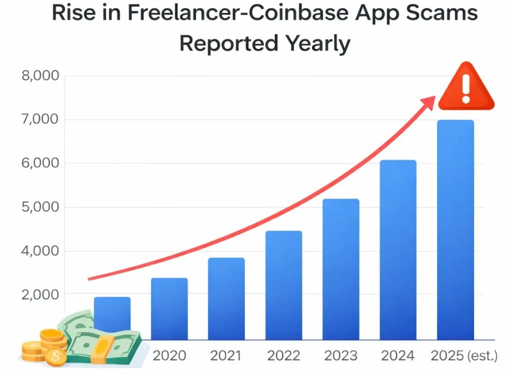 Graph showing rise in freelancer Coinbase app scams from 2020 to 2025 with increasing crypto fraud reports