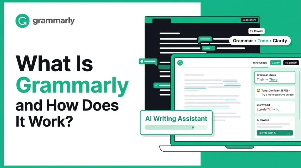 Grammarly explainer banner showing an AI writing assistant with grammar check, tone check, clarity edits, plagiarism review, rewrite suggestions, and AI-powered writing improvement tools.