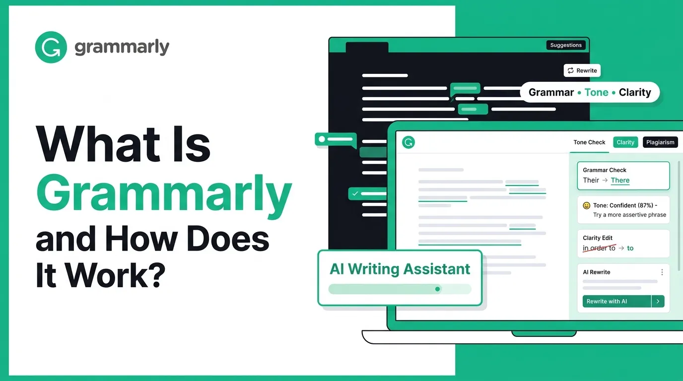 Grammarly explainer banner showing an AI writing assistant with grammar check, tone check, clarity edits, plagiarism review, rewrite suggestions, and AI-powered writing improvement tools.