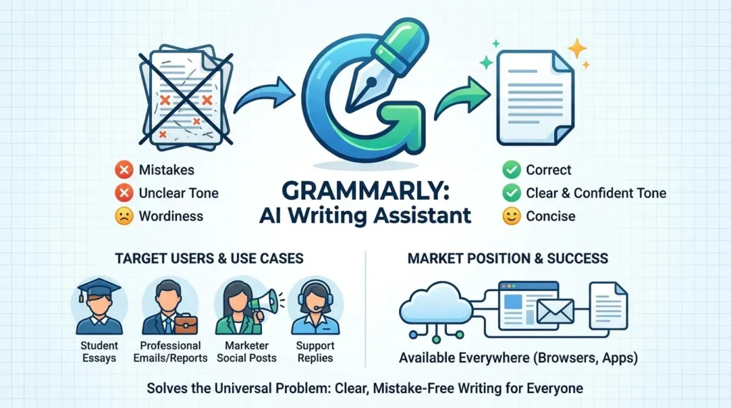 Infographic showing Grammarly AI writing assistant correcting mistakes, unclear tone, and wordiness into clear, concise, confident writing for students, professionals, marketers, and support teams.