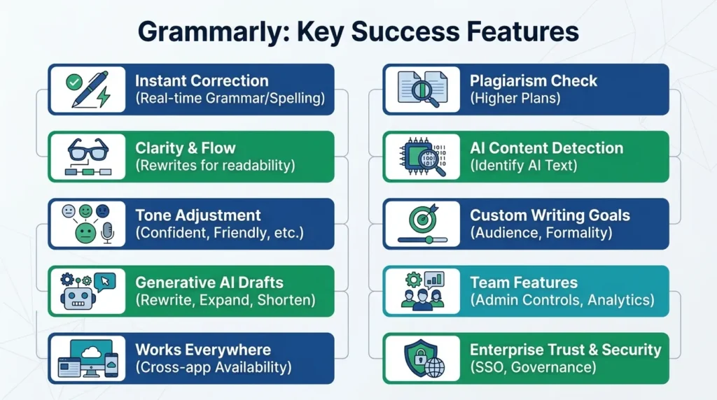 Infographic showing Grammarly key success features including instant correction, clarity and flow, tone adjustment, generative AI drafts, plagiarism check, AI content detection, writing goals, team features, and enterprise security.