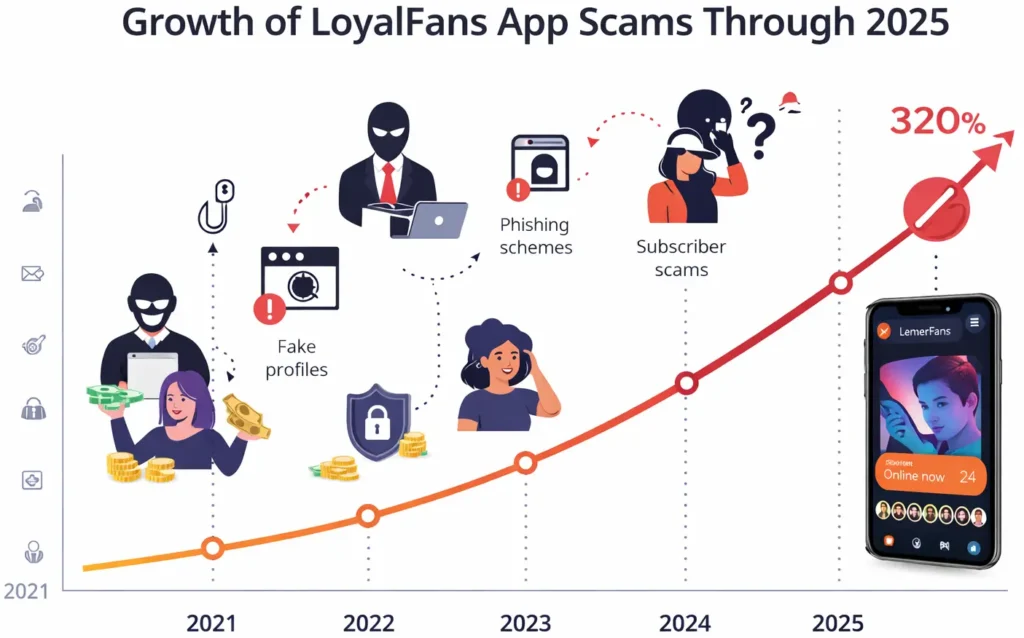 LoyalFans app scam growth infographic showing phishing, fake profiles, subscriber fraud and rising scam trend from 2021 to 2025