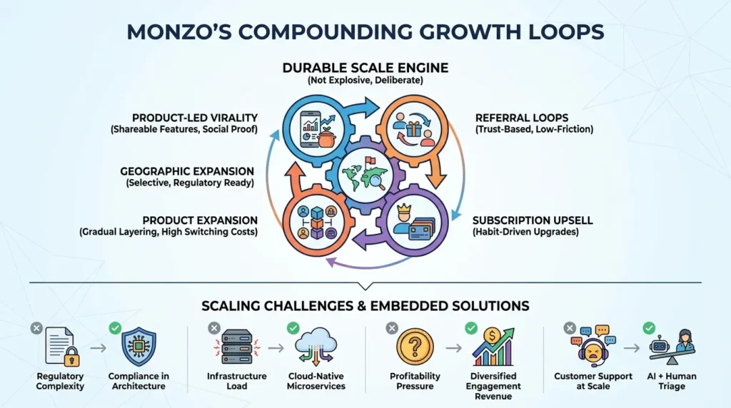 Business Model of Monzo: Complete Strategy Breakdown 2026 3 Infographic showing Monzo’s compounding growth loops with product-led virality, referral loops, subscription upsell, product expansion, geographic expansion, regulatory compliance, cloud-native microservices, diversified revenue, and AI support triage.