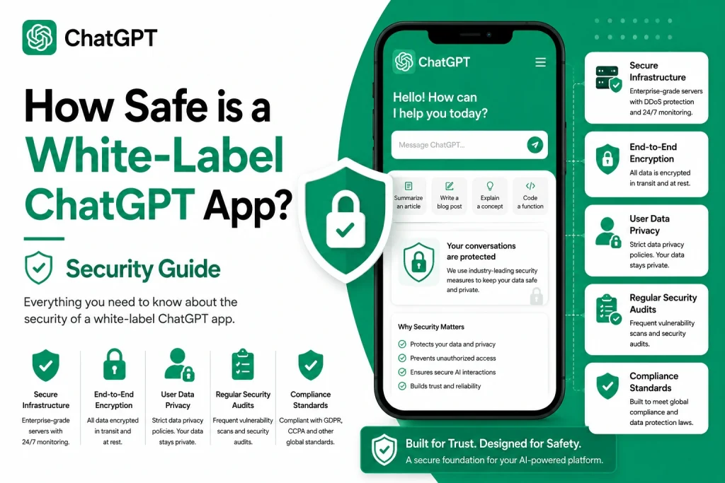 White label ChatGPT app security guide showing encrypted AI infrastructure user privacy protection and compliance features