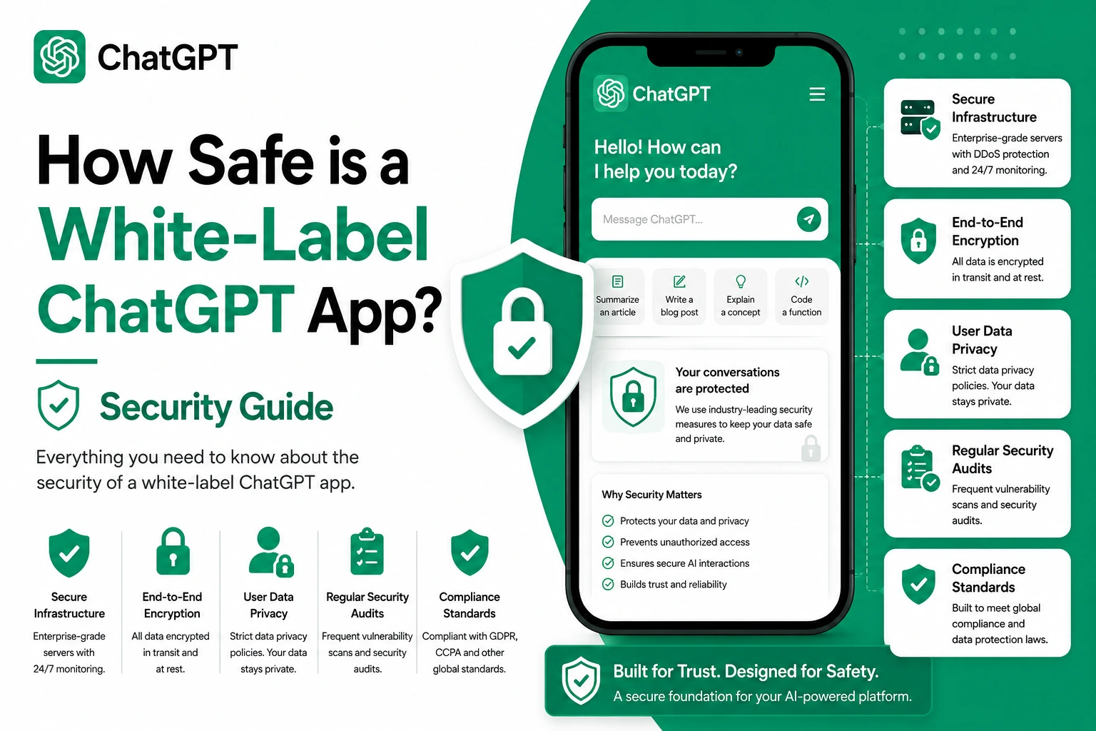 White label ChatGPT app security guide showing encrypted AI infrastructure user privacy protection and compliance features