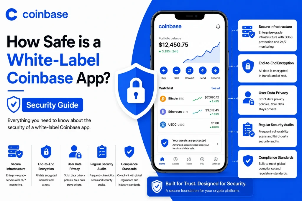 White label Coinbase app security guide showing encrypted crypto wallet secure infrastructure and privacy protection features