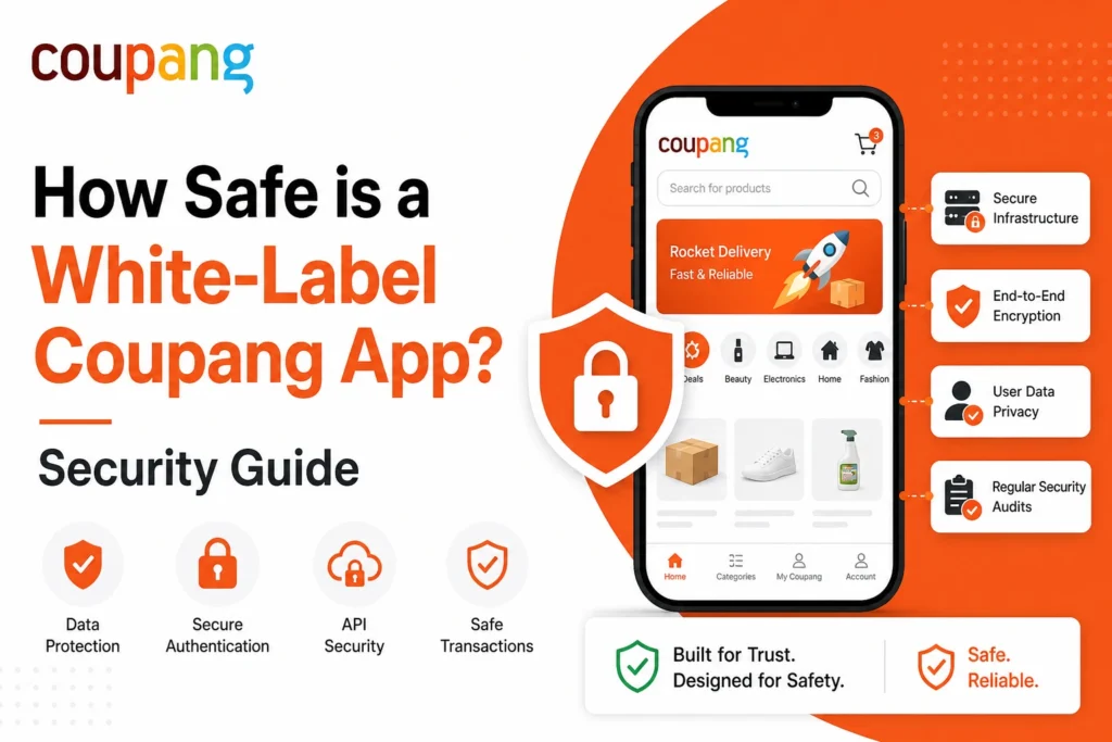 White label Coupang app security guide showing data protection authentication encryption and secure ecommerce infrastructure