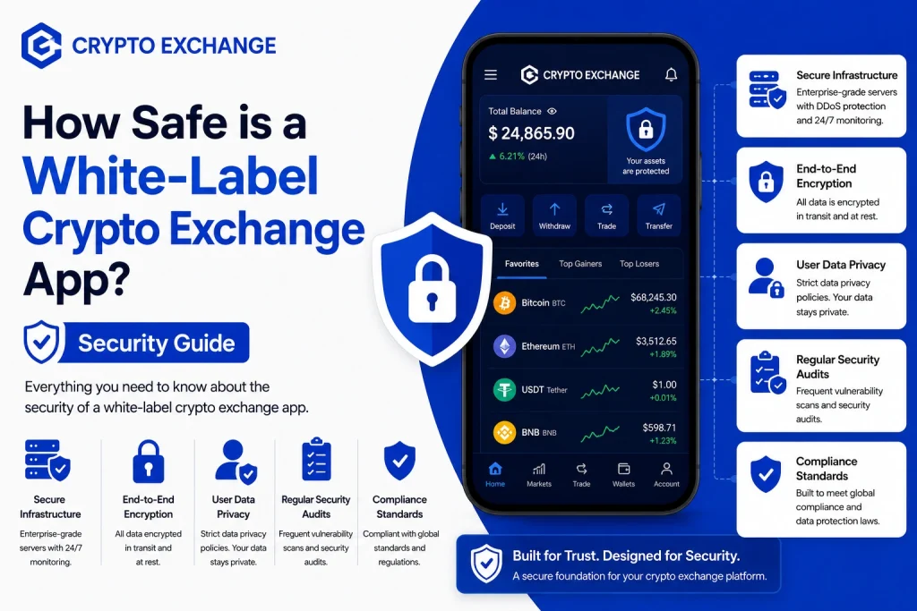 White label crypto exchange app security guide showing encrypted trading platform secure infrastructure and user privacy protection