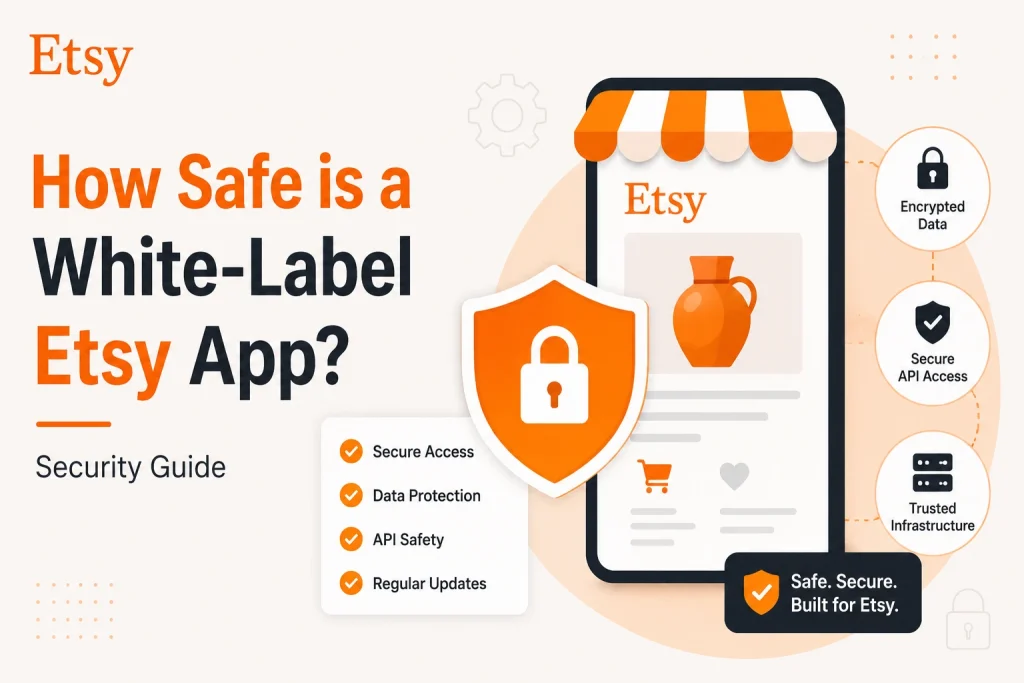 Security guide for white-label Etsy app showing encrypted data, secure API access, and trusted infrastructure