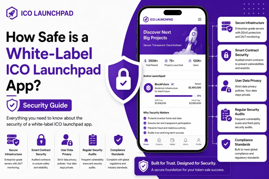 White label ICO launchpad app security guide showing smart contract security compliance and secure blockchain infrastructure