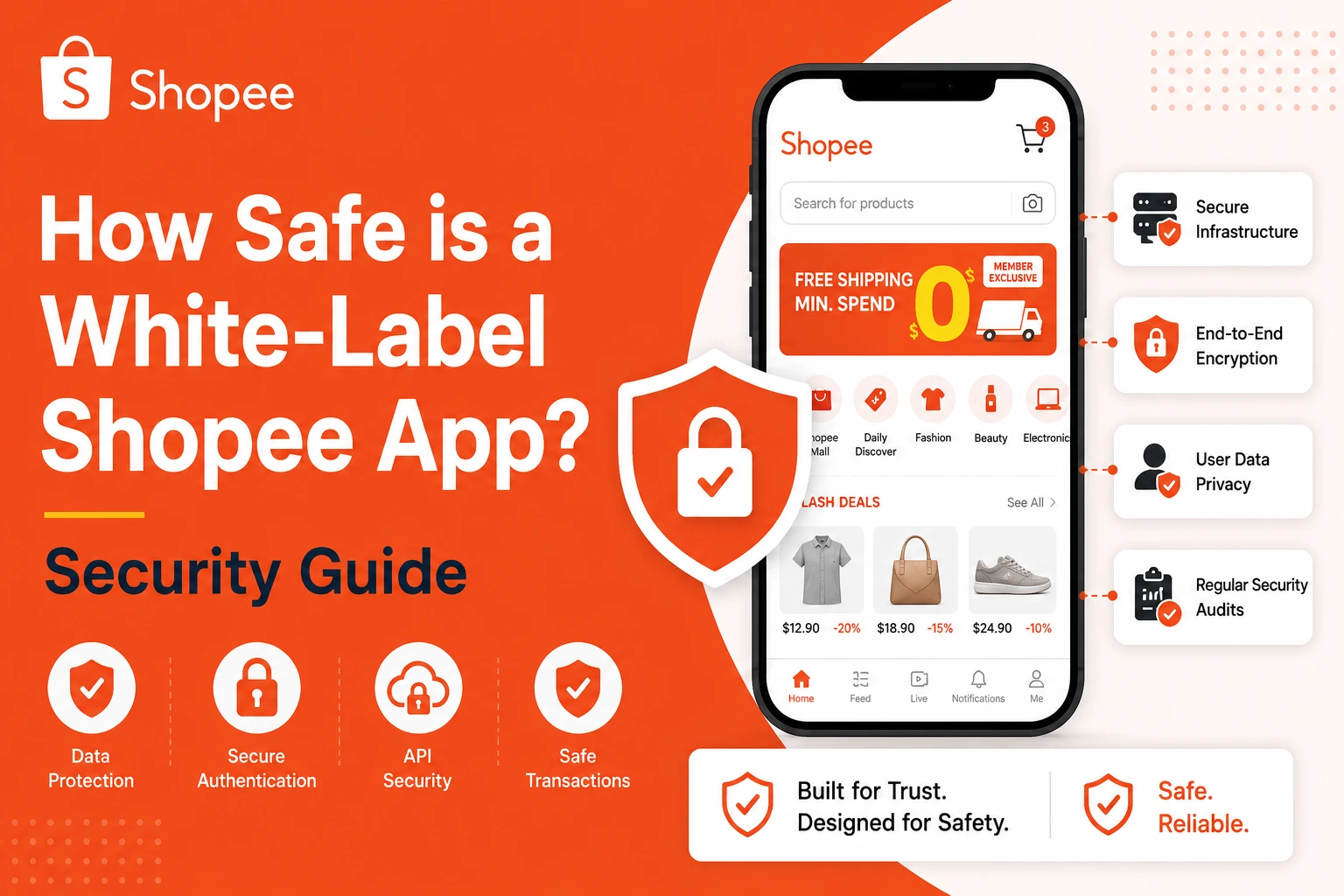 White label Shopee app security guide showing secure infrastructure encryption user privacy and safe ecommerce transactions