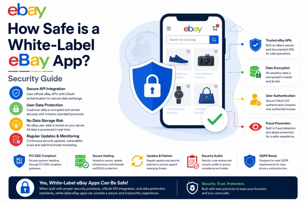 White-label eBay app security guide showing API protection, data encryption, authentication, and fraud prevention features