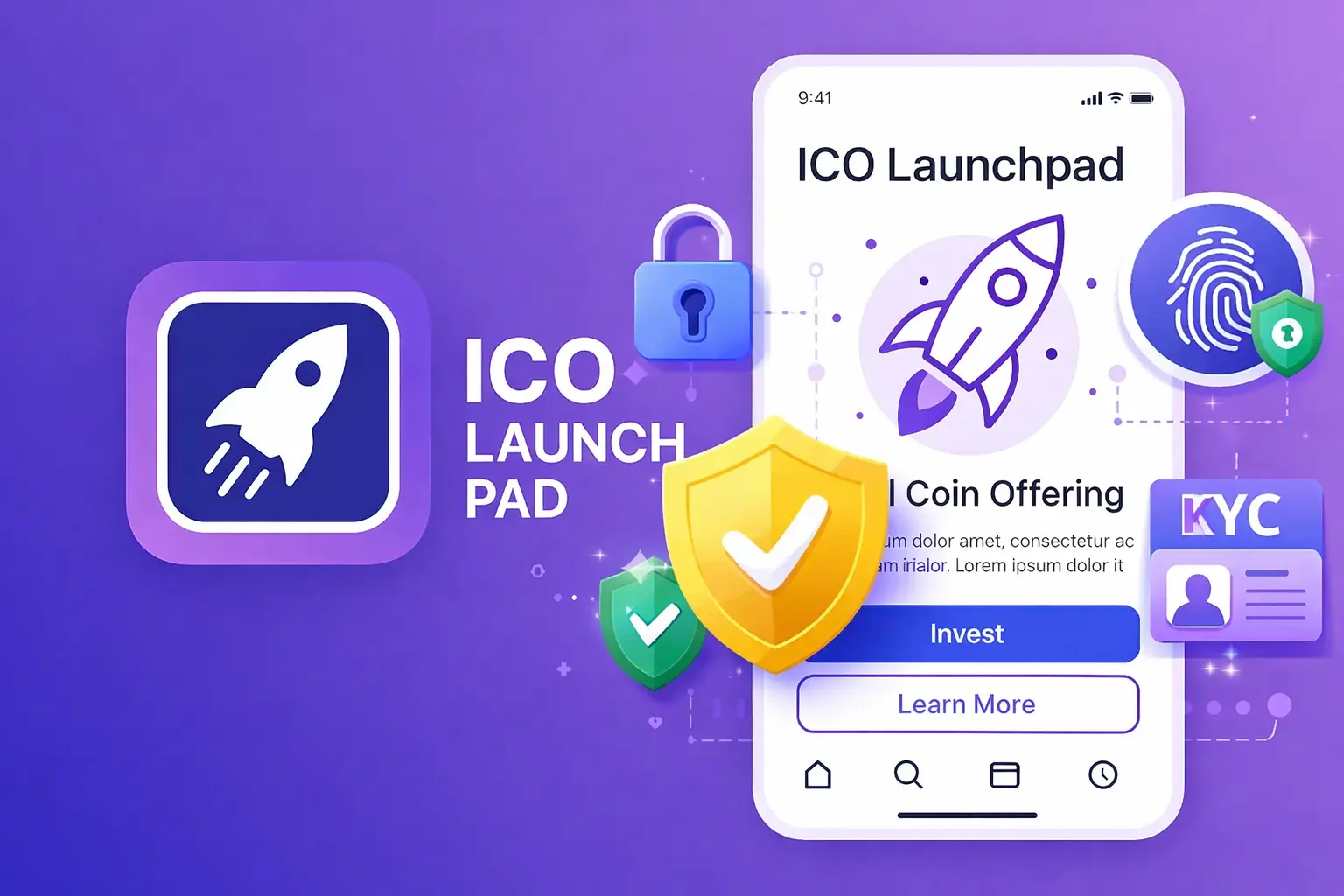 ICO Launchpad app interface showing security features like KYC, encryption, and data protection
