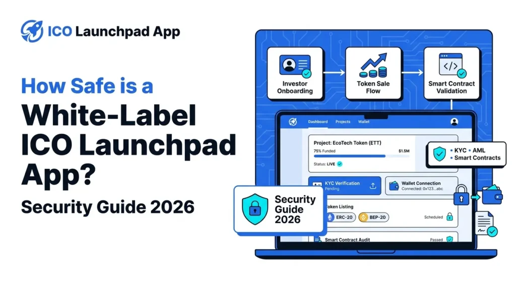 ICO launchpad app security banner showing investor onboarding, token sale flow, smart contract validation, KYC verification, wallet connection, token listing, ERC-20 and BEP-20 support, and security guide 2026.