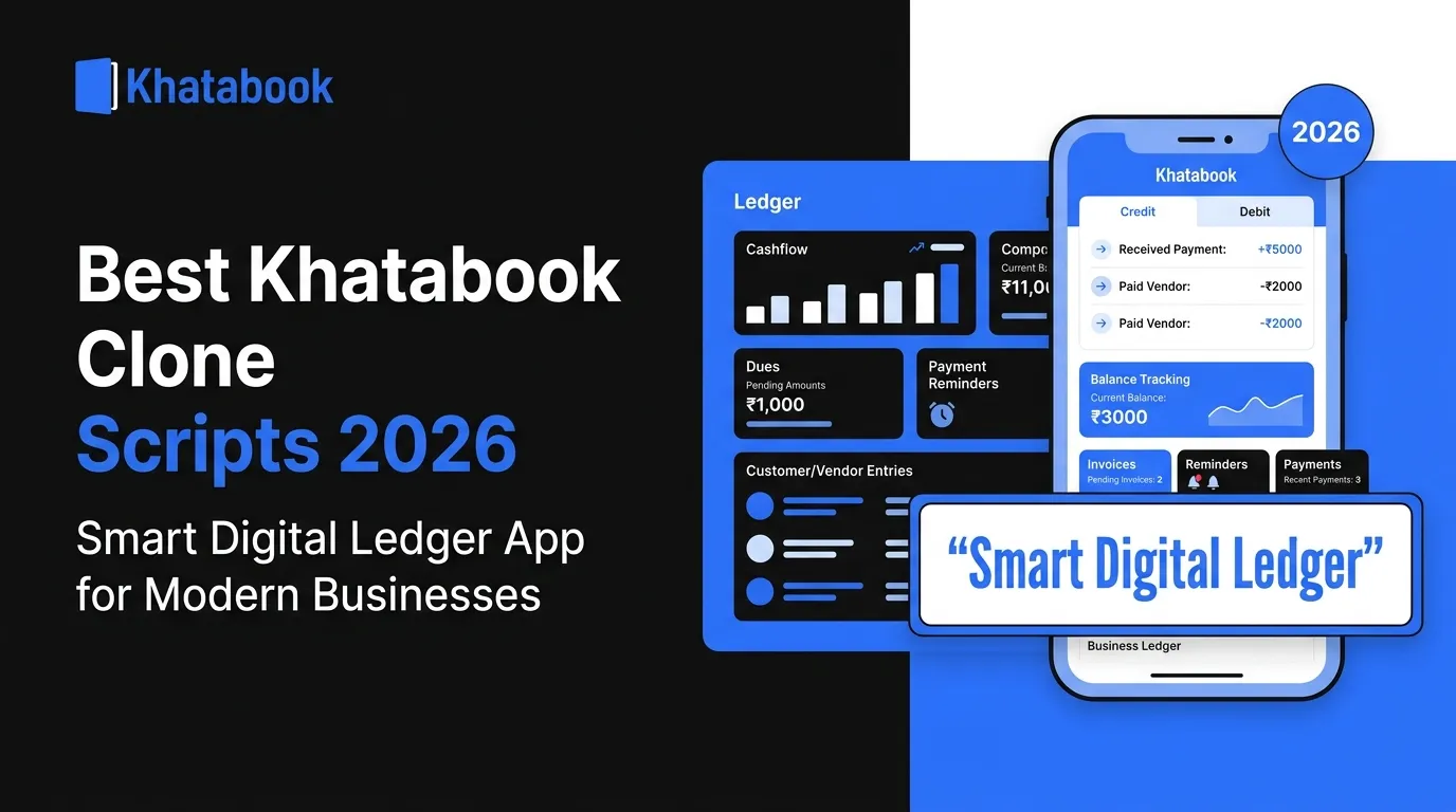 Khatabook clone script banner showing a smart digital ledger app with credit and debit tracking, payment reminders, customer and vendor entries, invoices, cashflow chart, dues, balance tracking, and business ledger tools.