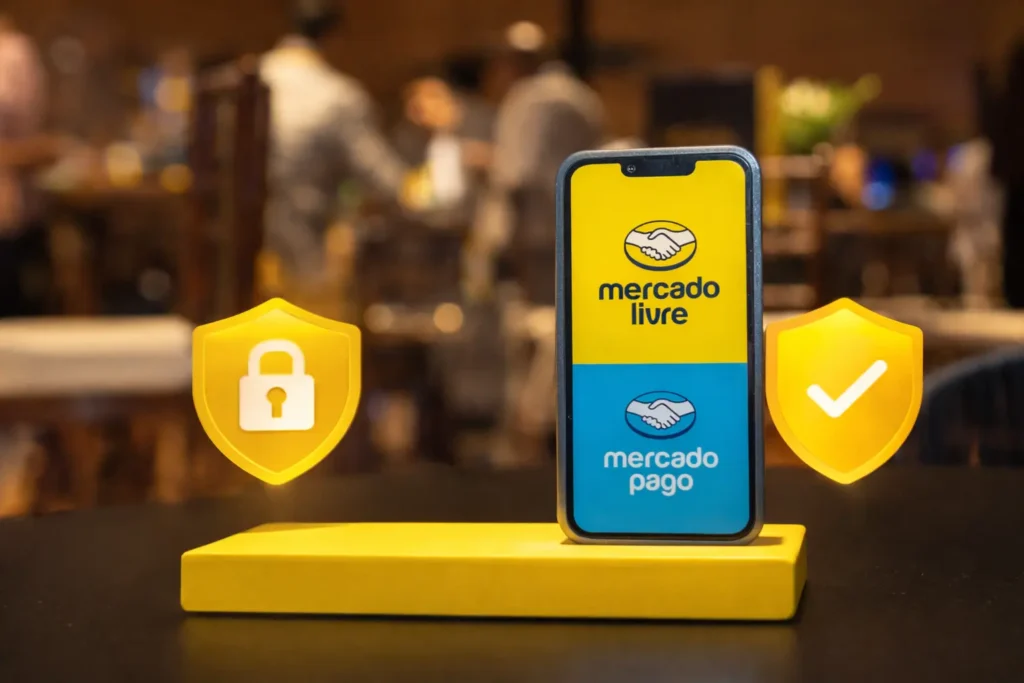 Smartphone showing Mercado Libre branding with security shield icons for safe payments, encryption, and trusted marketplace app protection.