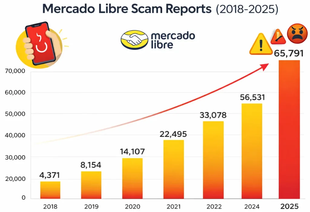 How Safe is a White-Label Mercado Libre App? Security Guide 2026 2 Bar chart showing Mercado Libre scam reports increasing from 2018 to 2025, highlighting rising online fraud cases and security risks.