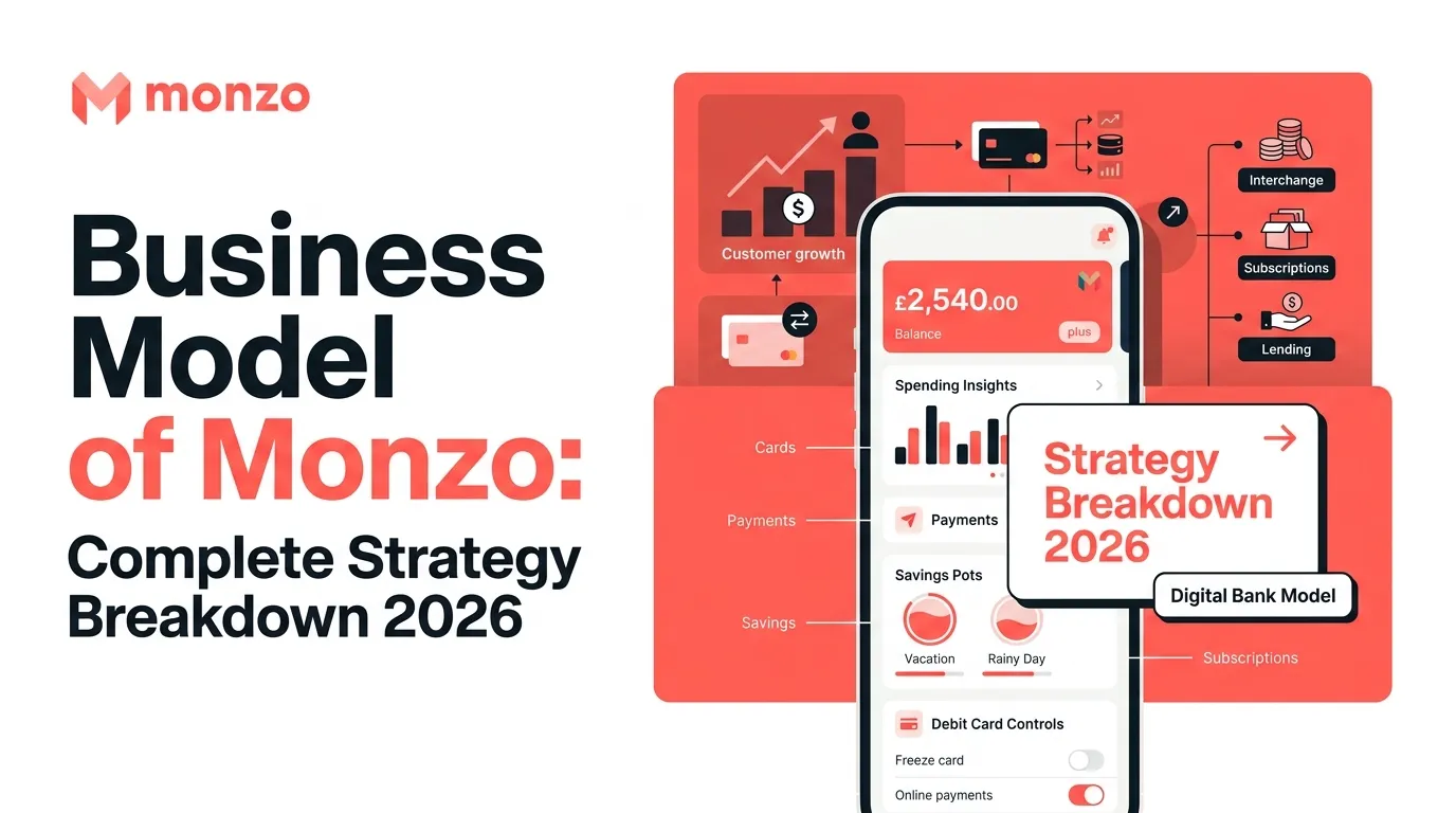 Monzo business model banner showing a digital banking app with balance, spending insights, savings pots, debit card controls, payments, cards, subscriptions, lending, interchange, customer growth, and 2026 strategy breakdown visuals.