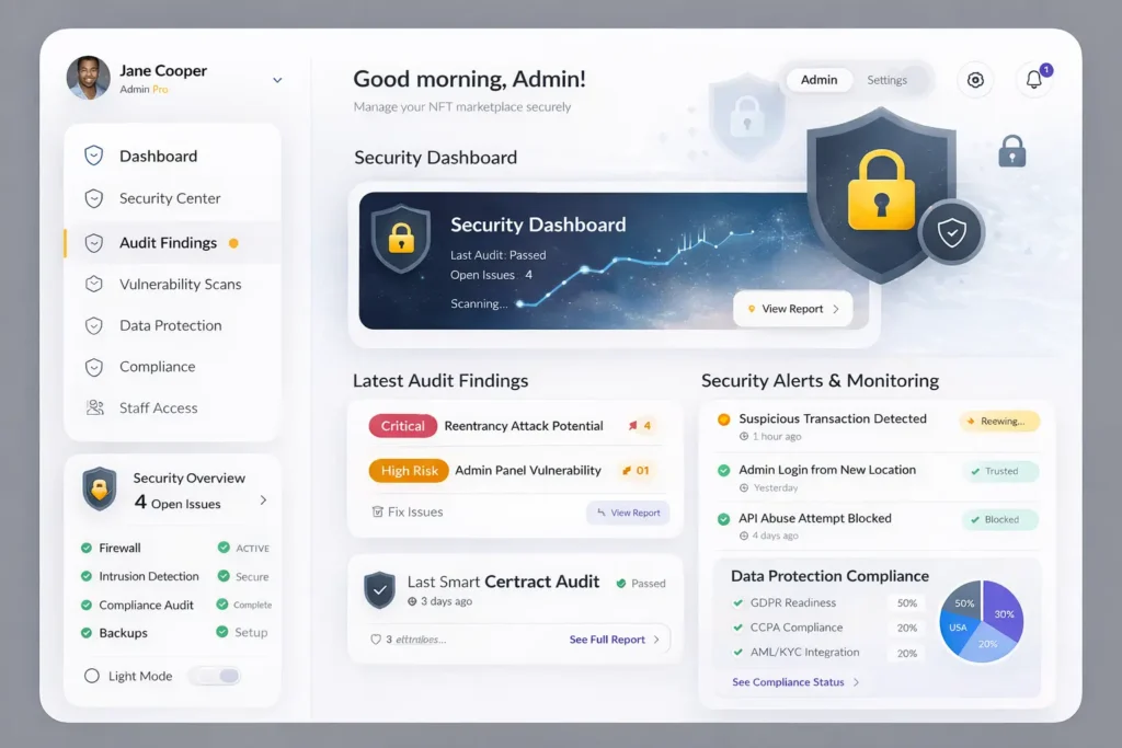 How Safe is a White-Label Rarible App? Security Guide 2026 1 Security dashboard interface of a white-label Rarible app showing audit findings, vulnerability scans, compliance status, and monitoring alerts