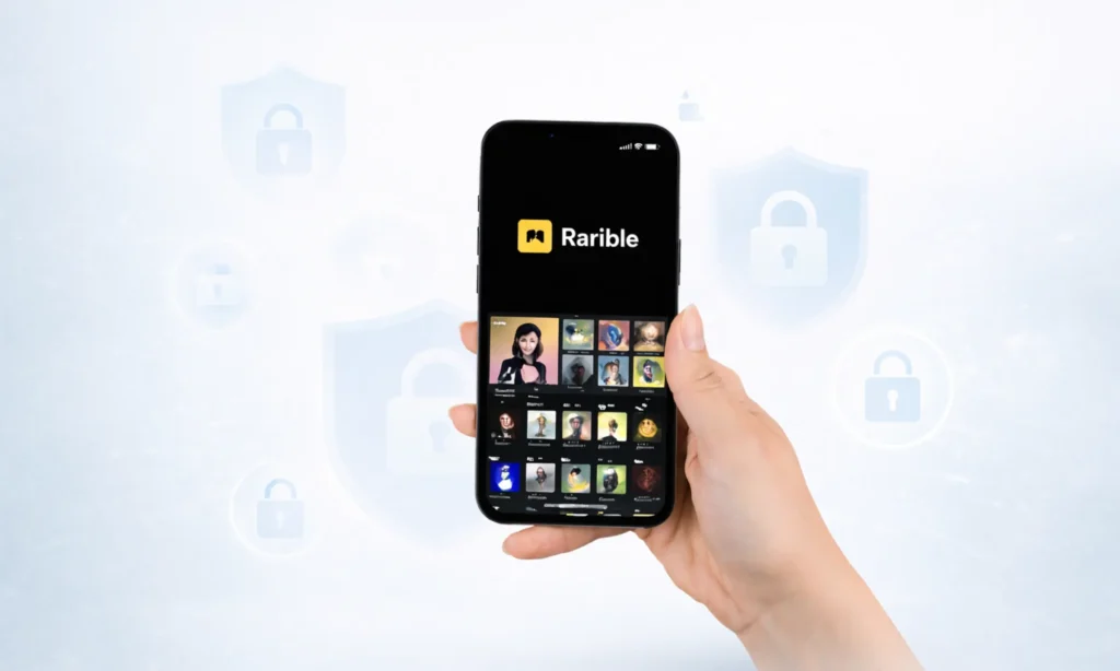 Hand holding smartphone displaying Rarible app interface with security shield and lock icons in background