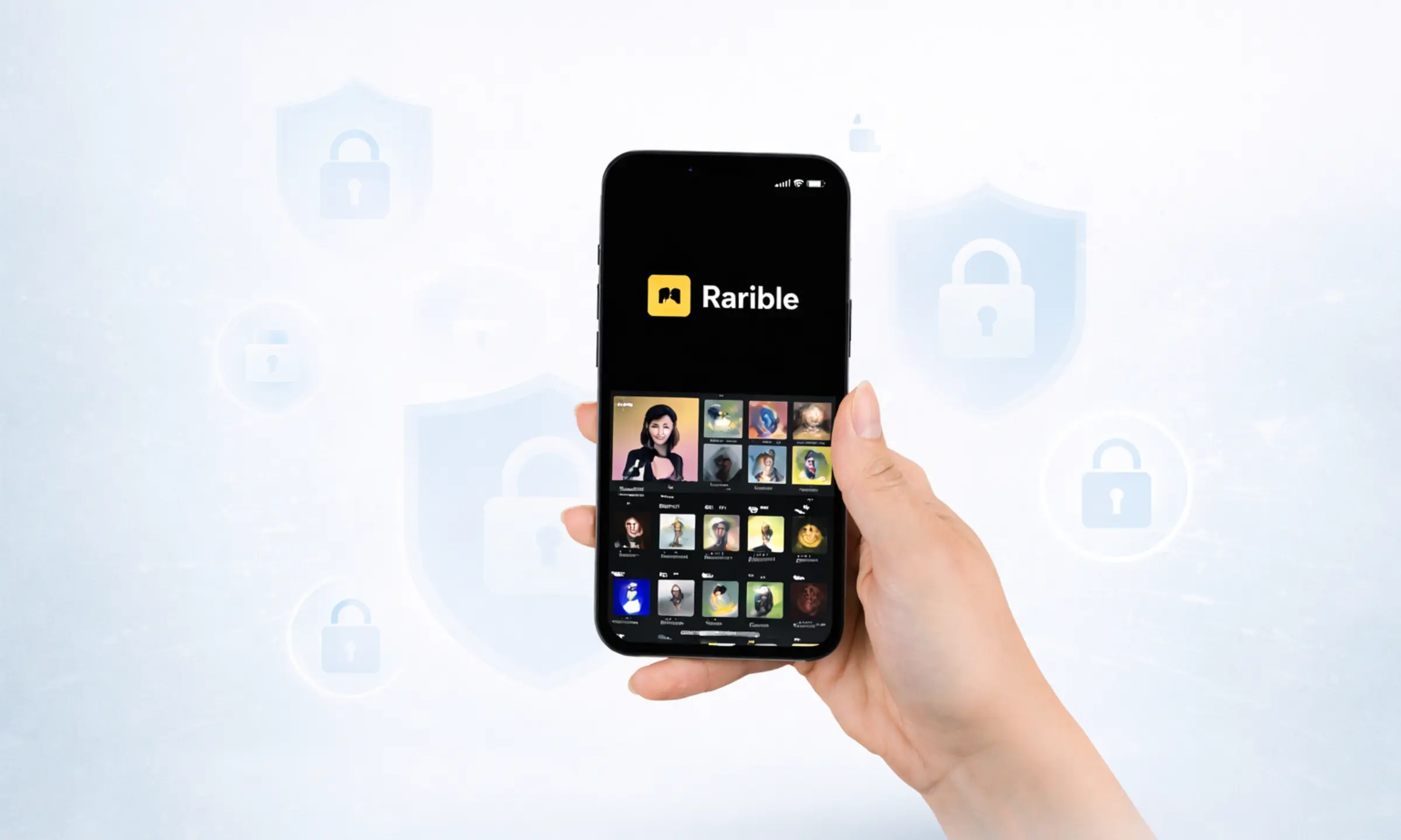 Hand holding smartphone displaying Rarible app interface with security shield and lock icons in background