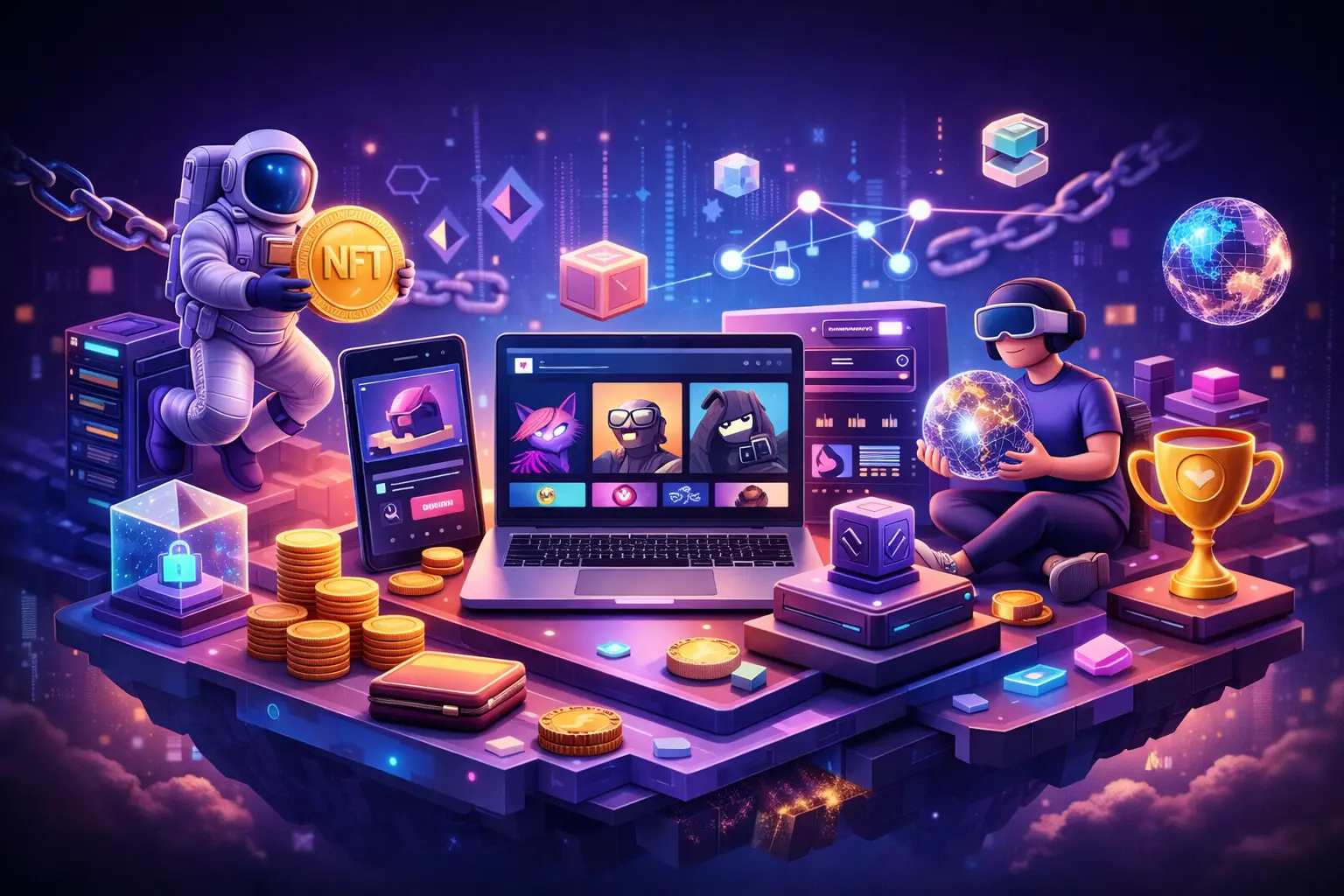 Futuristic NFT marketplace platform concept representing Rarible Clone Script Development with blockchain network and digital collectibles