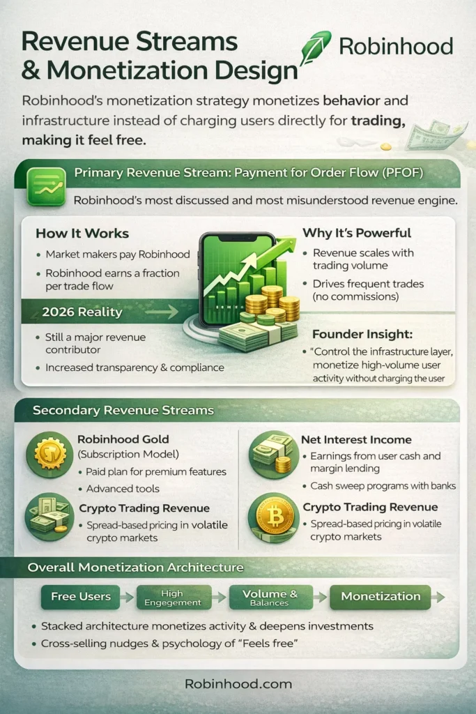 Simple infographic showing Robinhood revenue streams in 2026 including PFOF, subscriptions, interest income, and crypto revenue
