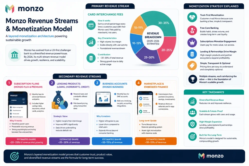 Business Model of Monzo: Complete Strategy Breakdown 2026 2 Explore Monzo’s revenue streams and monetization strategy, including interchange fees, premium subscriptions, lending products, business accounts, and embedded finance partnerships driving scalable fintech growth.