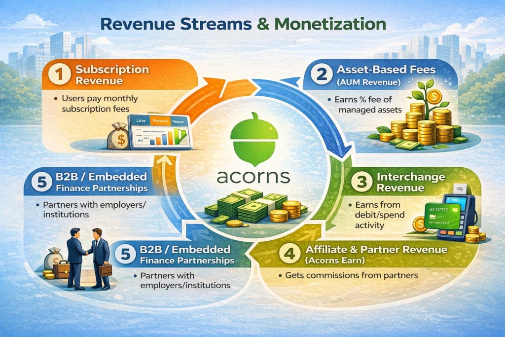 Simple visual diagram showing Acorns revenue streams including subscriptions, asset-based fees, interchange revenue, affiliate income, and partnerships
