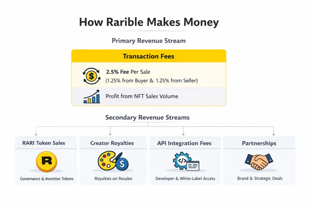 Business Model of Rarible : Complete Strategy Breakdown 2026 1 Infographic explaining how Rarible generates revenue through transaction fees, RARI token sales, creator royalties, API integration fees, and partnerships Business Model of Rarible