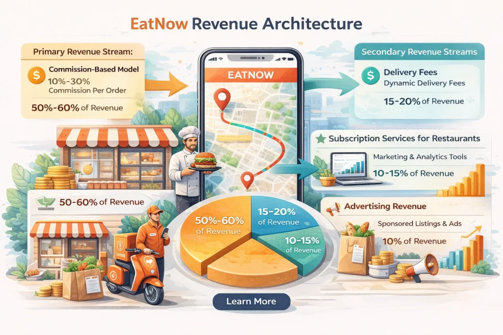 An infographic breaking down EatNow’s revenue streams, highlighting primary and secondary income sources including commissions, delivery fees, subscription services, and advertising revenue.