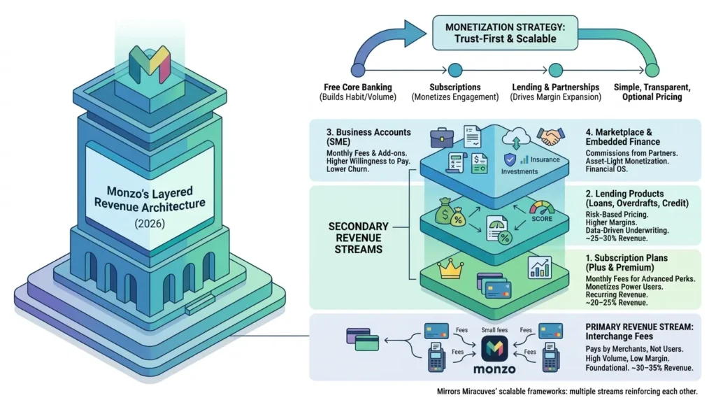 Business Model of Monzo: Complete Strategy Breakdown 2026 1 Infographic showing Monzo’s layered revenue architecture with interchange fees, subscription plans, lending products, business accounts, marketplace partnerships, embedded finance, and trust-first monetization strategy.