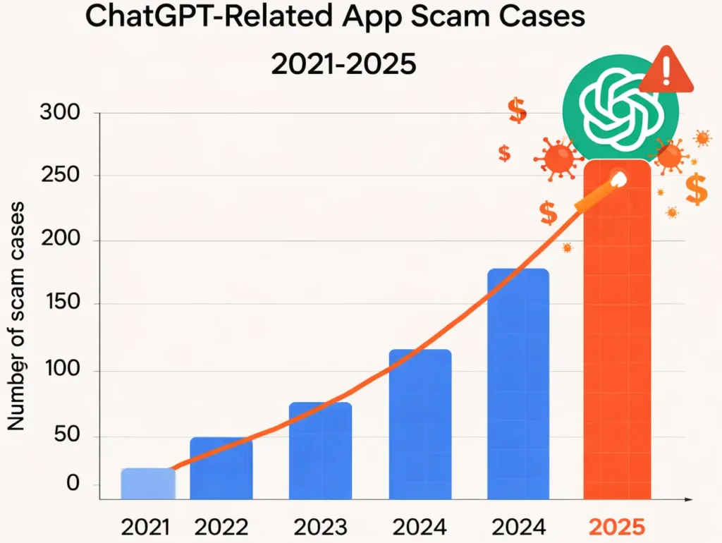 Bar chart showing ChatGPT-related app scam cases rising from 2021 to 2025