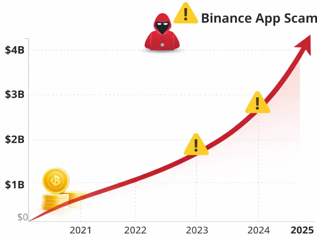 Binance app scam statistics graph showing increase in crypto fraud losses from 2021 to 2025