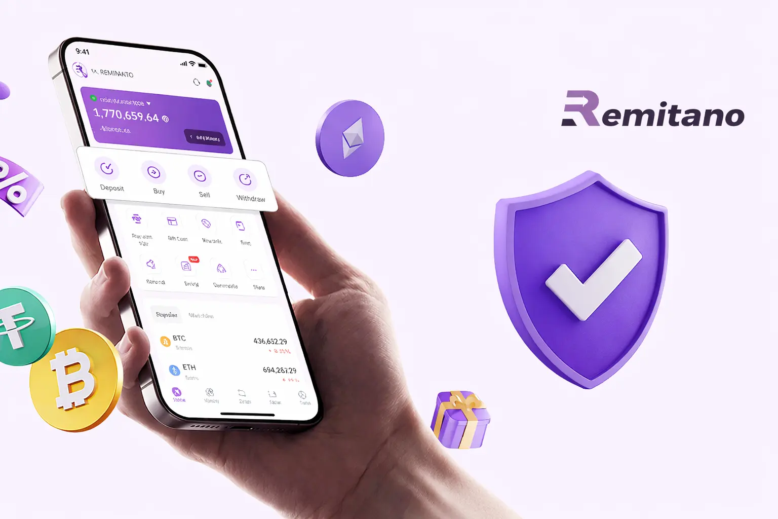White-label Remitano app interface showing secure crypto trading features with shield icon and protected digital assets