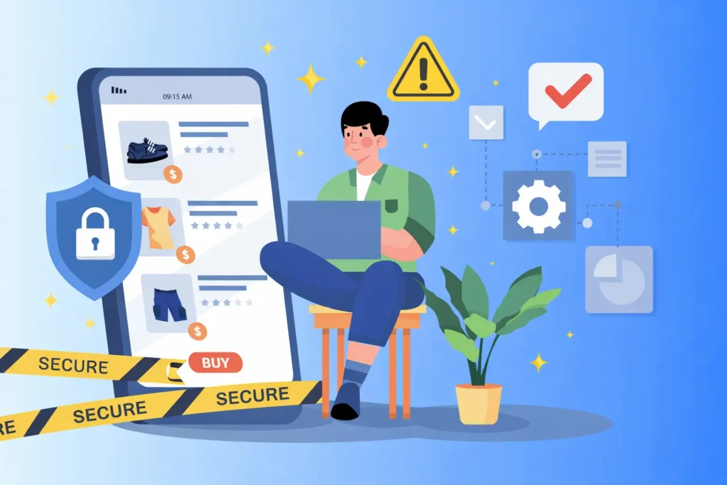 Man using laptop beside marketplace app screen with secure lock shield showing white-label eBay app security