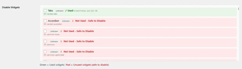 Scan Widget Usage Now screen in Elementor optimizer showing button to analyze active and unused widgets in WordPress.