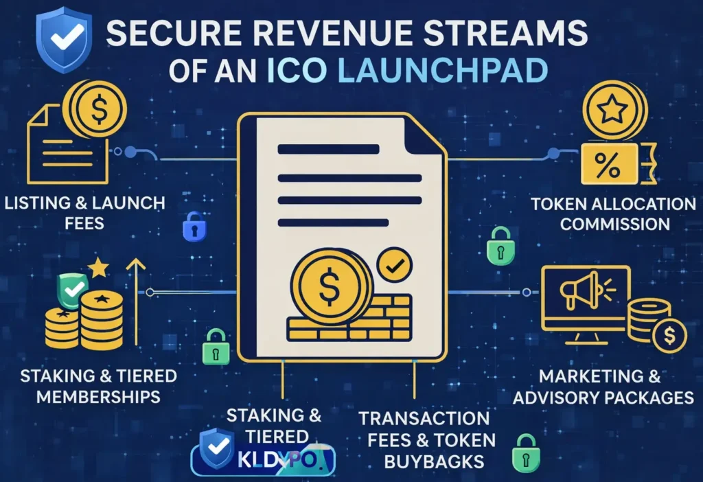 Infographic showing secure revenue streams of an ICO Launchpad app including fees, staking, and commissions