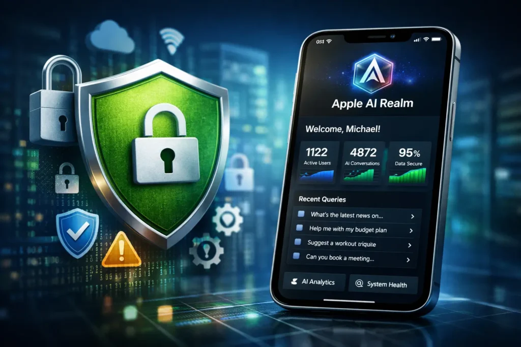 Apple AI Realm app security image showing a smartphone dashboard with a shield lock icon representing secure data protection