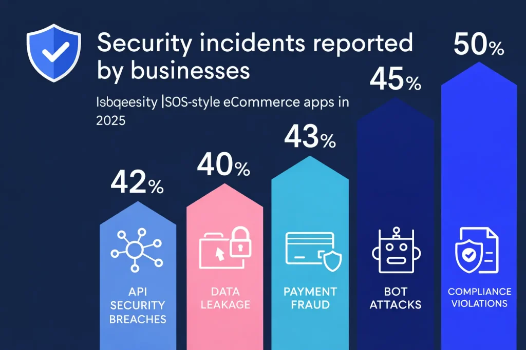 Infographic showing security incidents in white-label ASOS-style eCommerce apps in 2025 including API breaches, data leakage, payment fraud, bot attacks, and compliance violations
