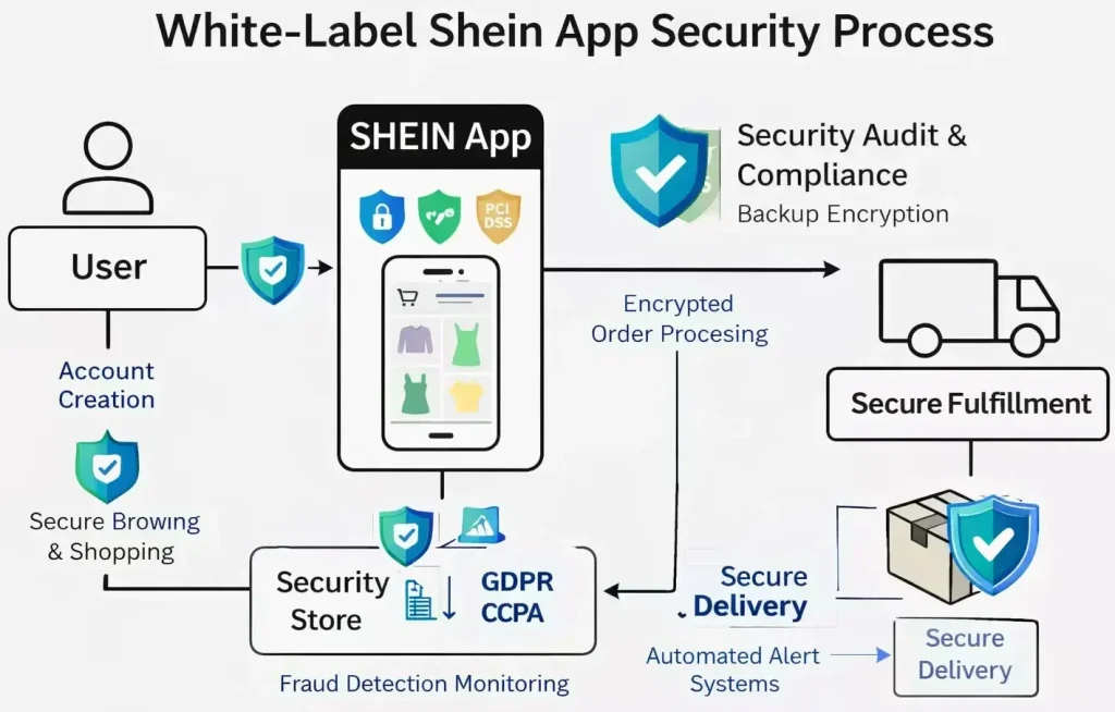 White-label Shein app security process diagram showing encrypted order processing, GDPR compliance, and secure fulfillment system