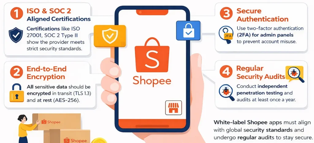 How Safe is a White-Label Shopee App? Security Guide 2026 2 Infographic showing ISO 27001, SOC 2, encryption, 2FA authentication and security audits for white-label Shopee app security in 2026