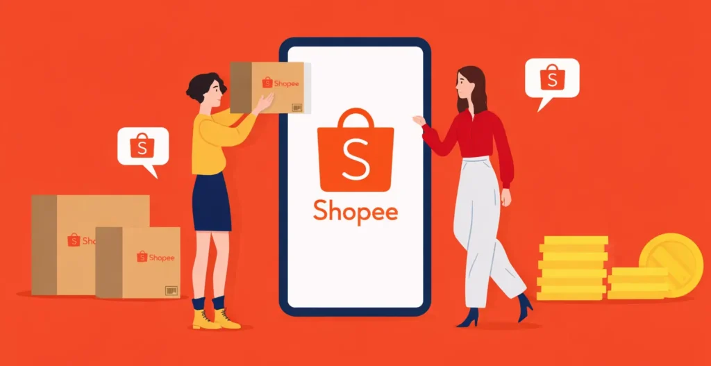 Flat illustration showing a Shopee-style white-label marketplace app with product boxes, shopping icons, and mobile app interface